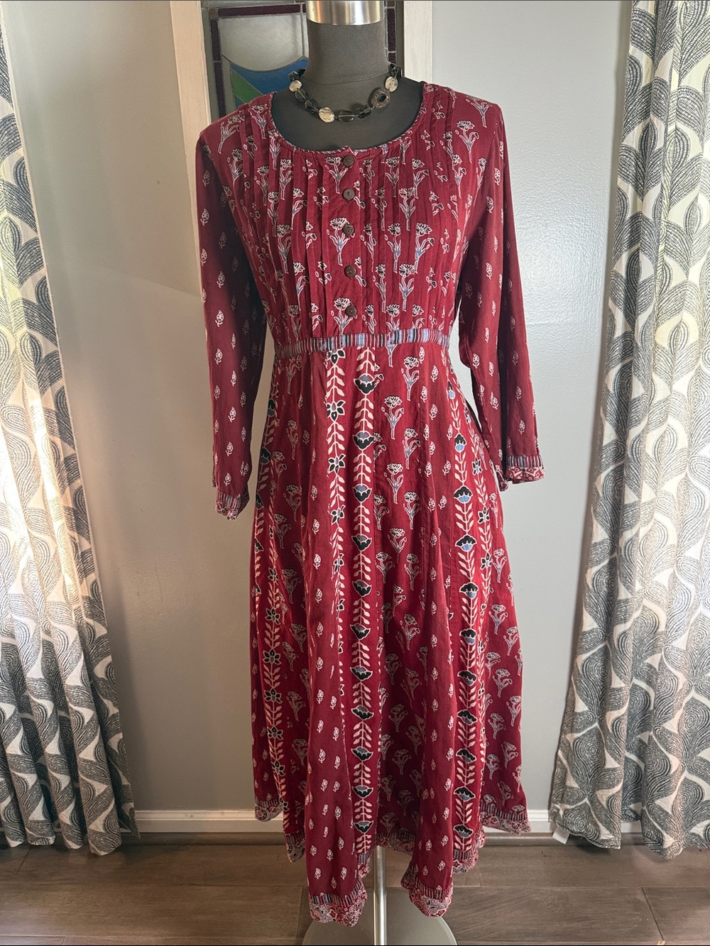 April Cornell 100% Cotton Blockprint Made in India Tie back Maxi Dress SZ L - Picture 2 of 12